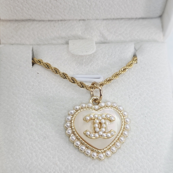 Authentic CHANEL Gold and Cream Heart Pendant On Atolea Chain - Picture 1 of 3